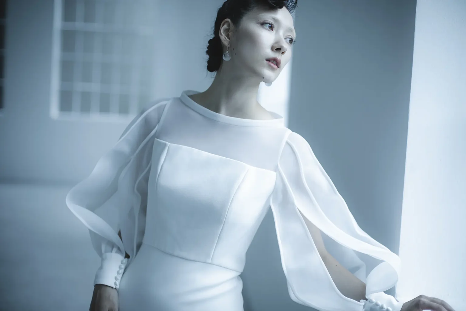 ふわっと広がった長袖のマーメイドラインのウェディングドレス